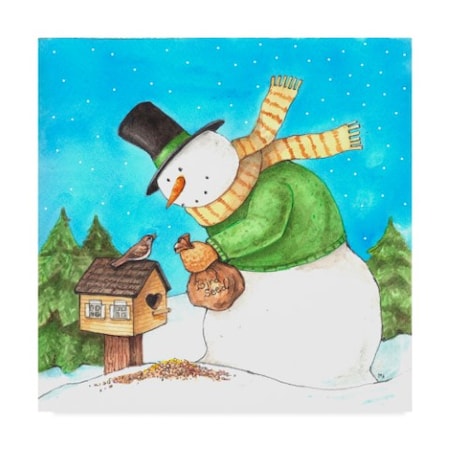 Melinda Hipsher 'Snowman Green Bird' Canvas Art,18x18